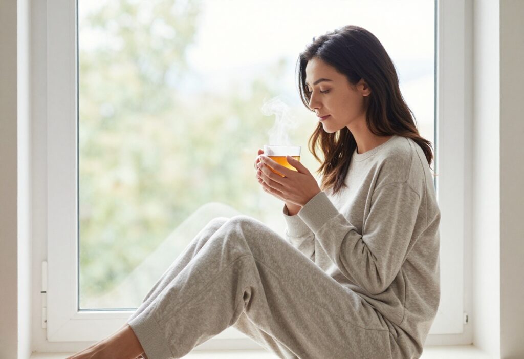 Woman enjoying a quiet moment with tea by a sunlit window