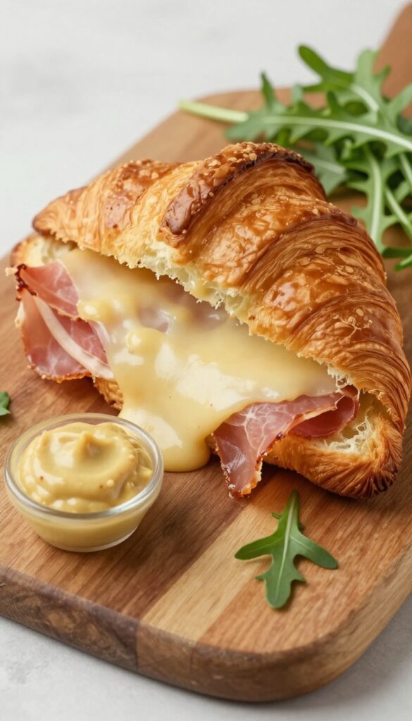 Ham and cheese croissant melt with melted Gruyère and ham, on a wooden board with mustard and arugula.