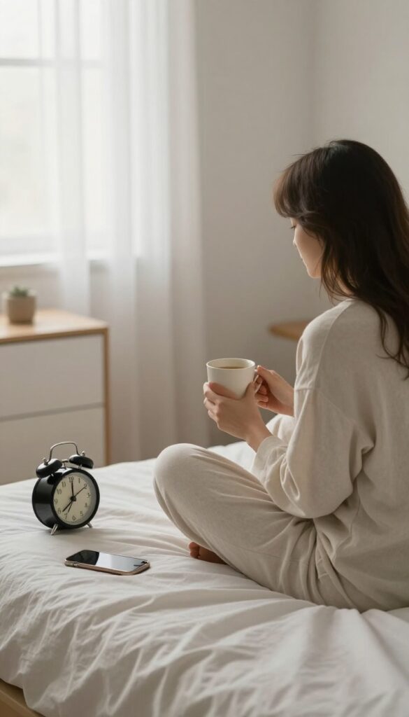 Woman sitting on bed in peaceful morning light, holding a mug of tea, with phone across the room