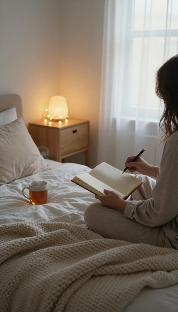 Person journaling in bed at dusk with tea and soft lighting