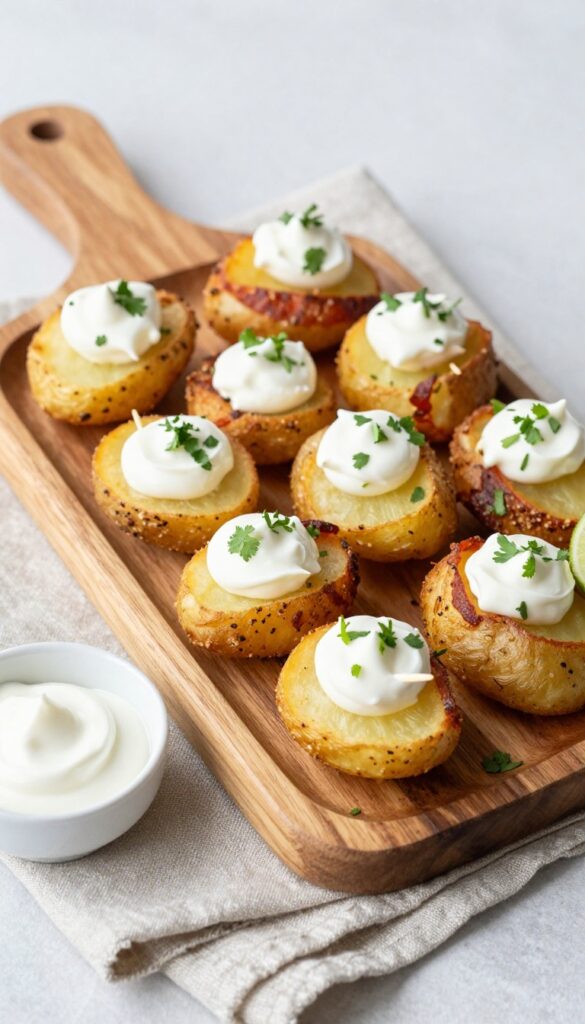Crispy air-fried potato and chorizo bites with sour cream and cilantro on a wooden platter, party appetizer style.