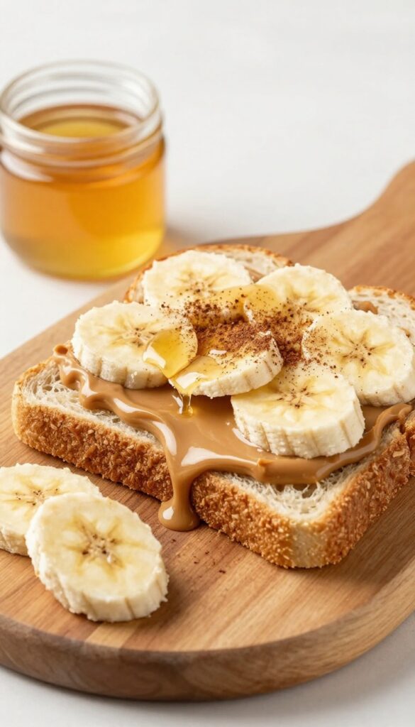 Peanut butter and banana sandwich on whole grain bread with honey drizzle and cinnamon, sliced diagonally on a wooden board