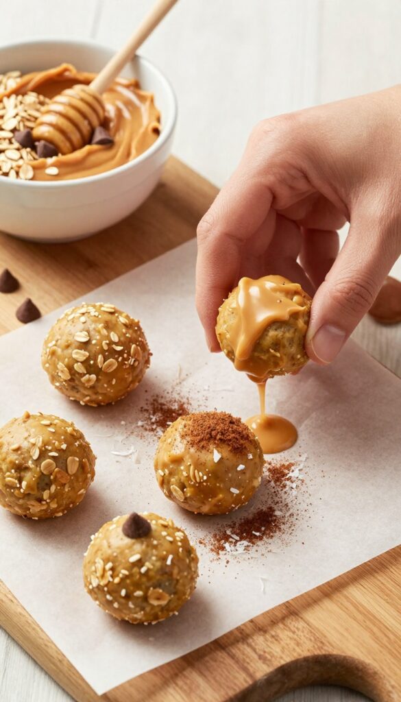 Hand rolling no-bake peanut butter energy balls with oats and chocolate chips on a wooden board.