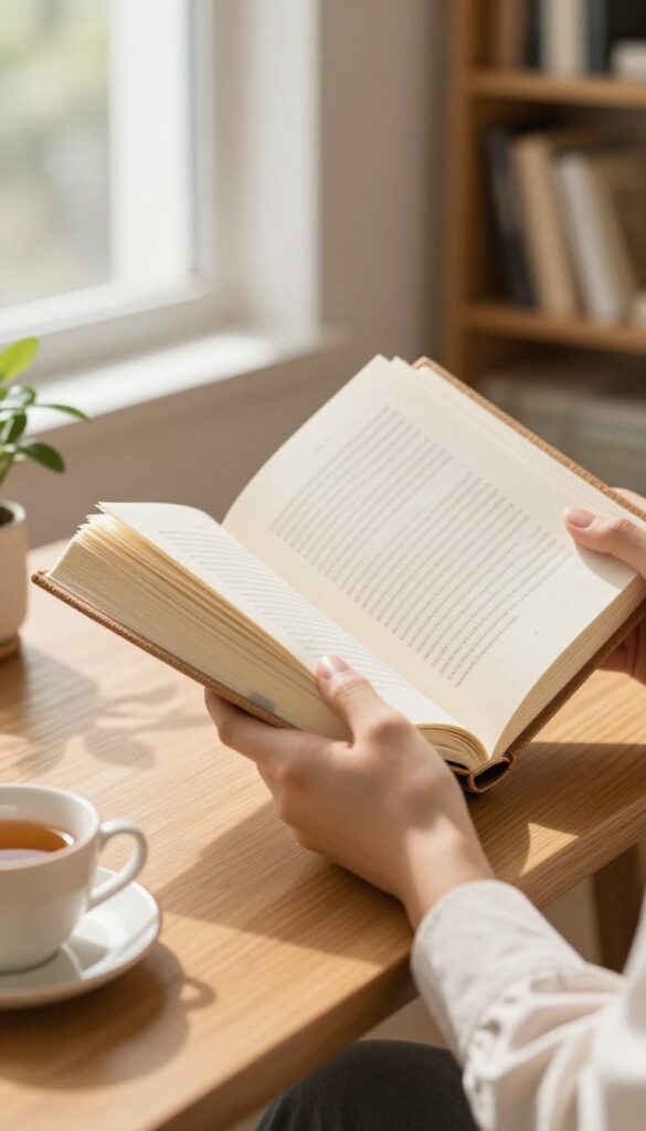 Person holding an open book in a cozy, sunlit room with tea and plant nearby