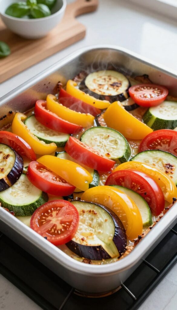 Layered vegetable ratatouille in a baking dish with eggplant, zucchini, bell peppers, and tomatoes, baking in the oven.
