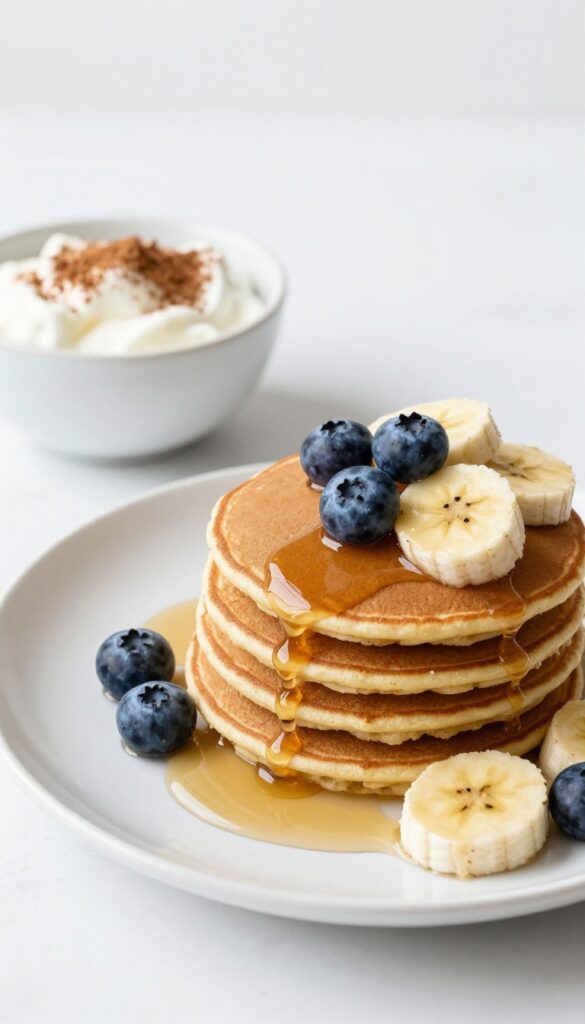 Stack of banana oatmeal pancakes with berries and yogurt