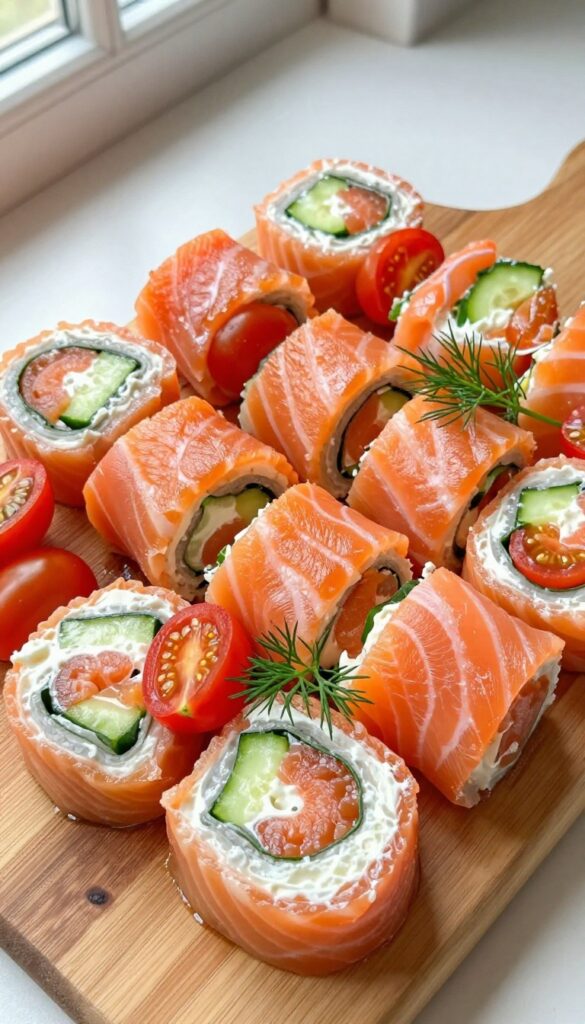 Smoked salmon and cream cheese roll-ups with cucumber, garnished with dill and cherry tomatoes on a wooden board.