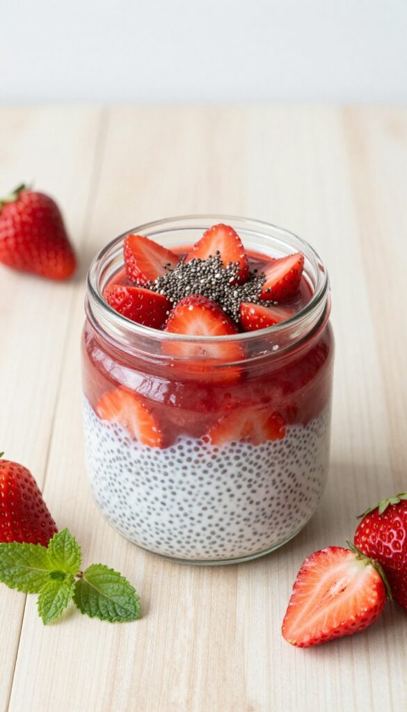 Layered strawberry coconut chia pudding in a glass jar with fresh strawberry slices and chia seeds on top.