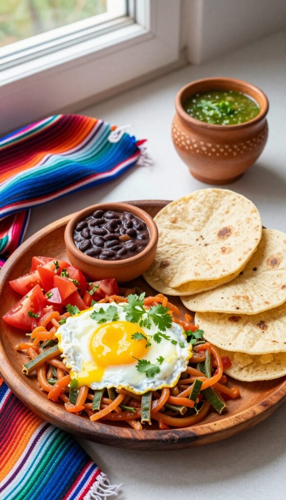 Mexican egg scramble with nopales and tomatoes on a wooden plate with corn tortillas and refried beans.
