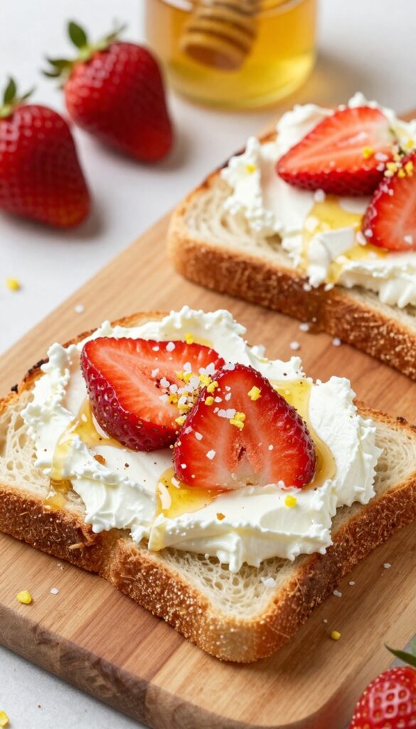 Strawberry ricotta toast on a wooden board with honey drizzle and sea salt