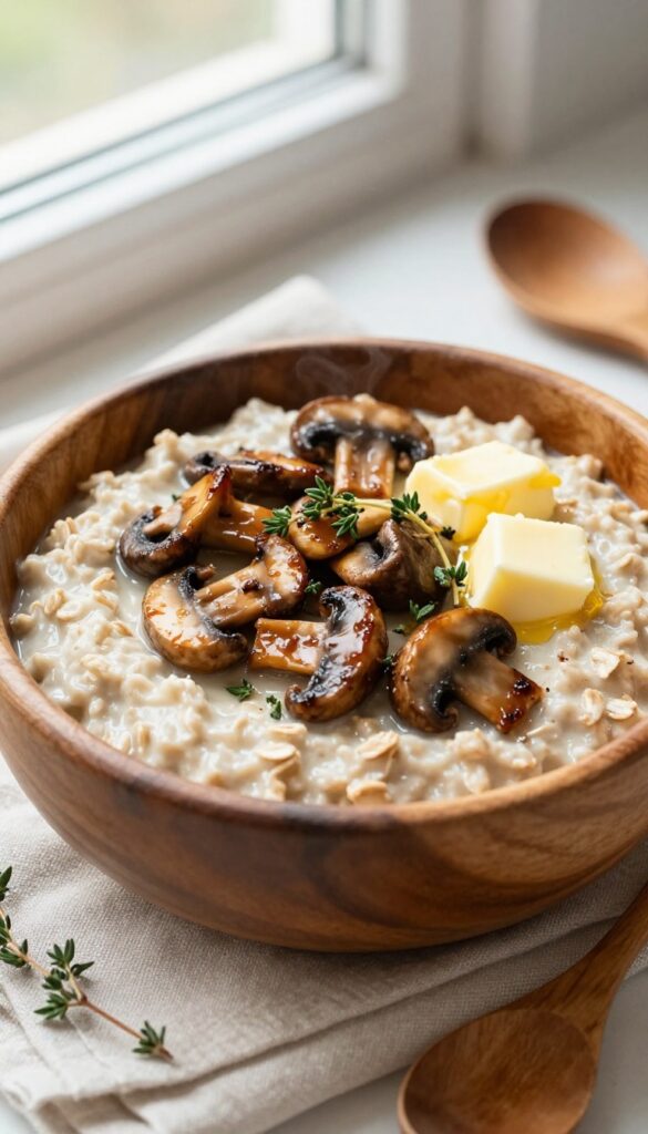 A bowl of savory oatmeal topped with sautéed mushrooms and fresh thyme, served on a rustic wooden surface.