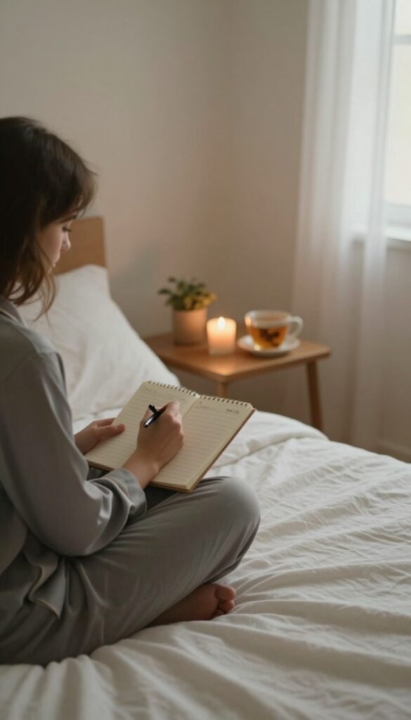 Person writing a to-do list in a notebook on a bedside table in a cozy bedroom at night.