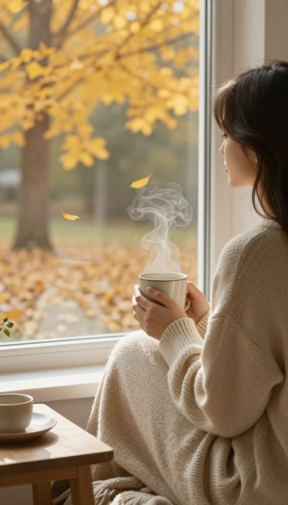 Woman sitting by window holding warm mug in peaceful autumn morning