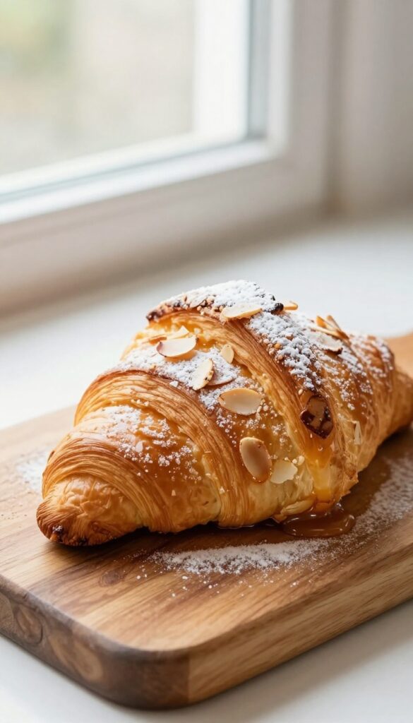 Almond croissant with frangipane and sliced almonds on a wooden board