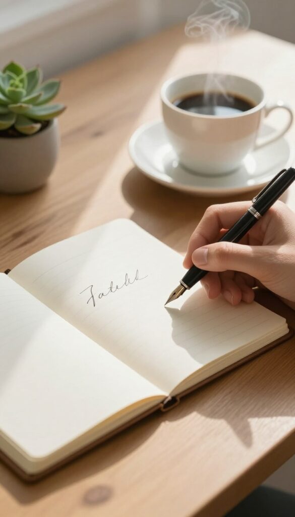 Person writing in a notebook with a pen, coffee and plant nearby, warm morning light