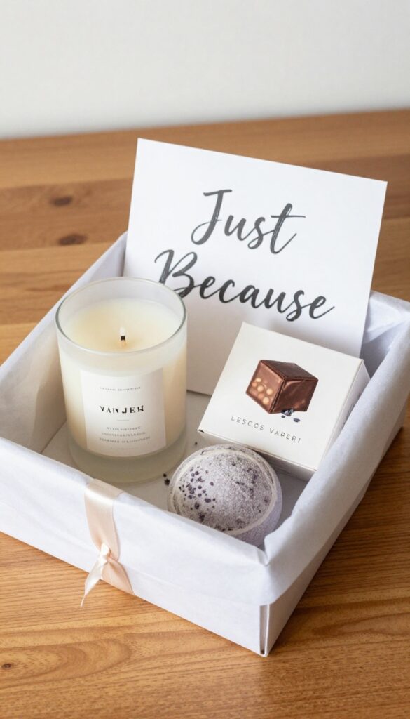 Just Because self-care gift basket with candle, card, bath bomb, and chocolates on wooden table