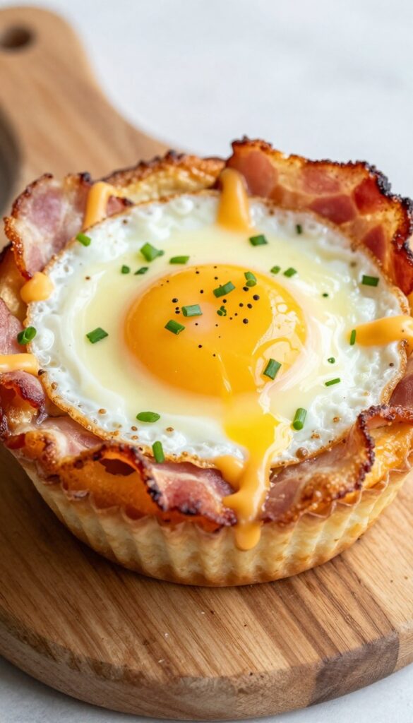 Bacon and egg muffin cups with melted cheese and chives on a wooden board