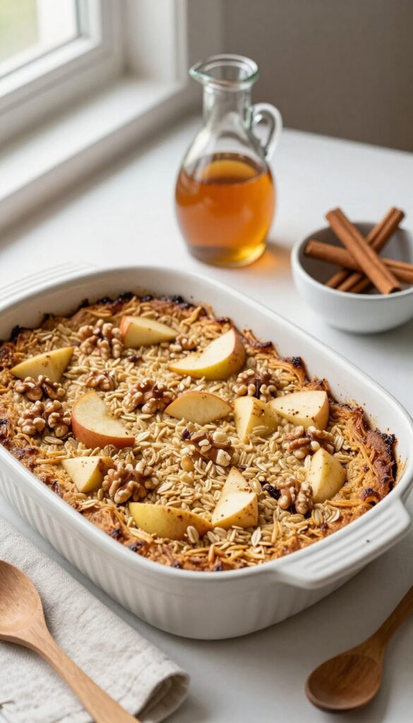 Baked oatmeal with apples and cinnamon in a baking dish, with maple syrup and cinnamon sticks on a rustic table.