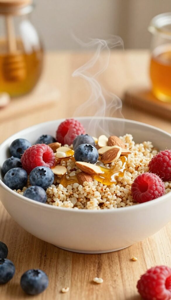 Quinoa breakfast bowl with almonds and berries, drizzled with honey, on a wooden table.