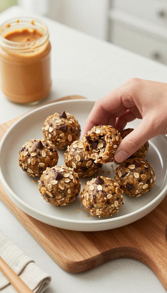 No-bake cookie dough energy balls being rolled by hand on a wooden board with ingredients nearby.