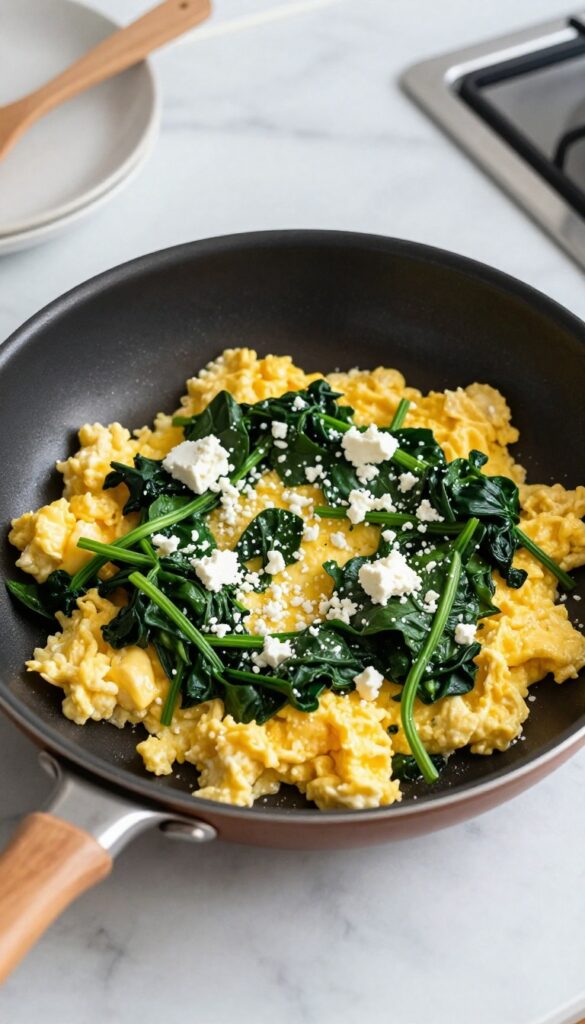 Scrambled eggs with spinach and feta in a skillet