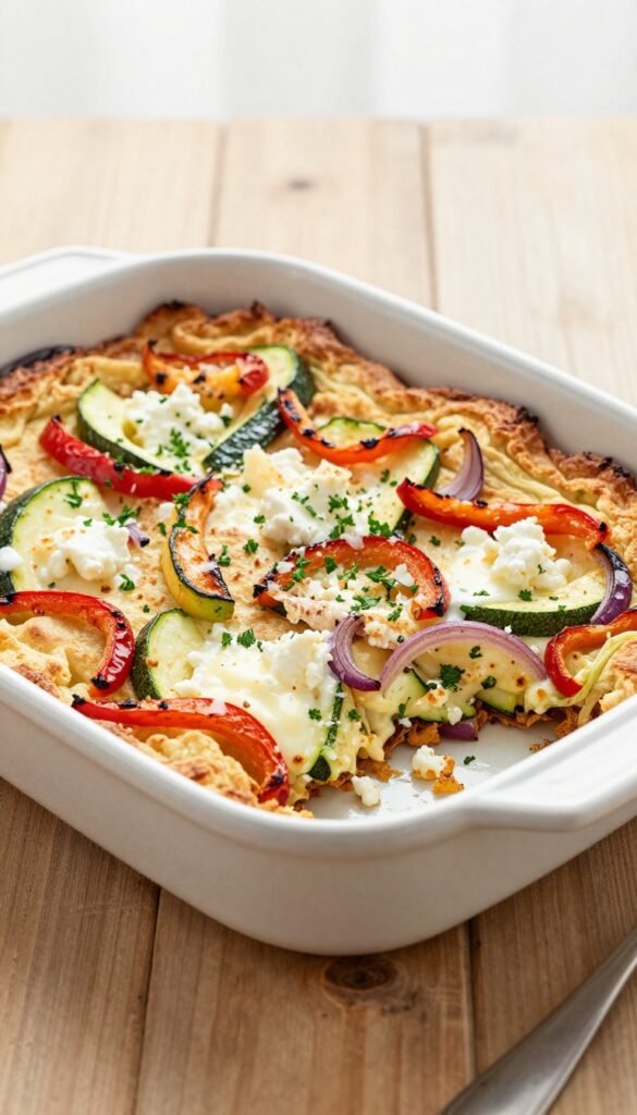 Golden roasted vegetable and goat cheese strata in a baking dish on a wooden table