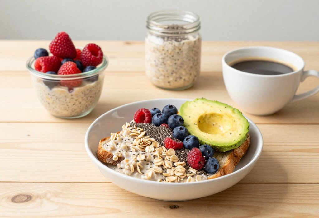 A collection of fiber-rich breakfast foods on a wooden table, including oatmeal, avocado toast, and overnight oats.