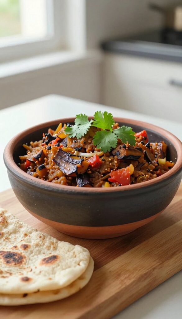 Baingan bharta in a clay bowl with cilantro garnish and whole wheat roti on a wooden board