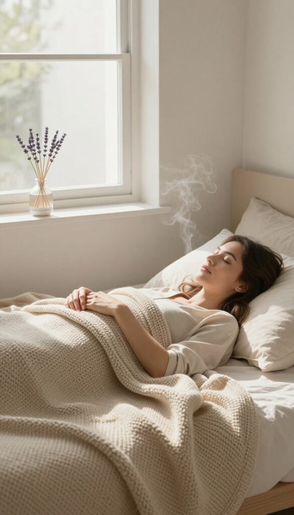 Woman lying in bed doing a body scan meditation, cozy bedroom setting with lavender diffuser