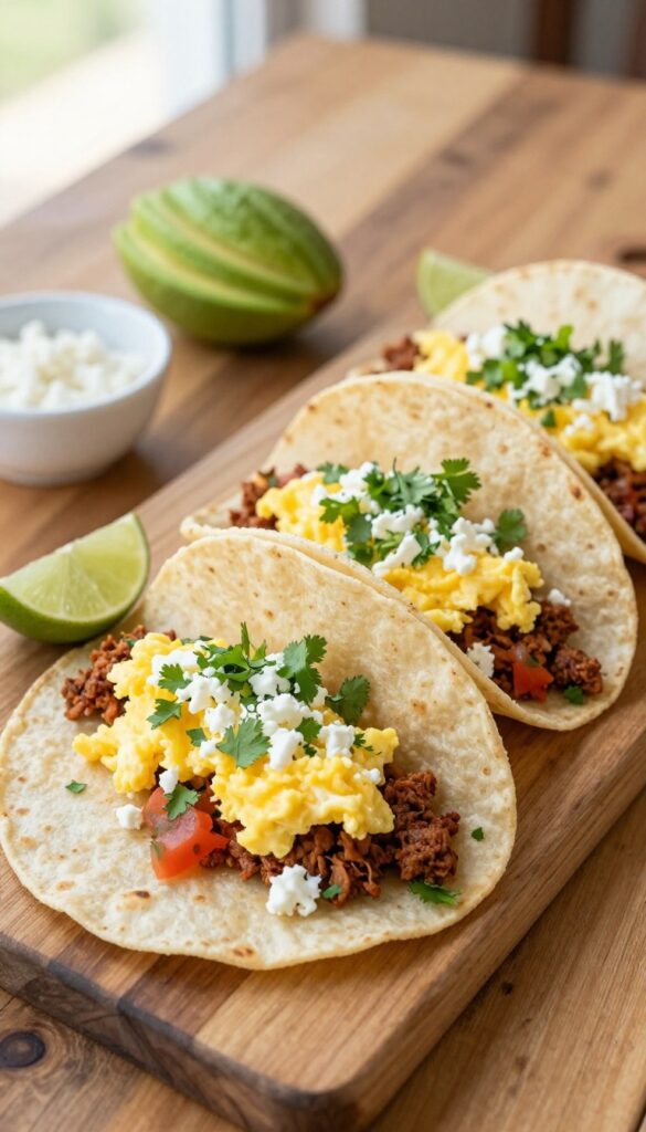 Breakfast tacos with chorizo, eggs, salsa, cheese, and avocado on a wooden table