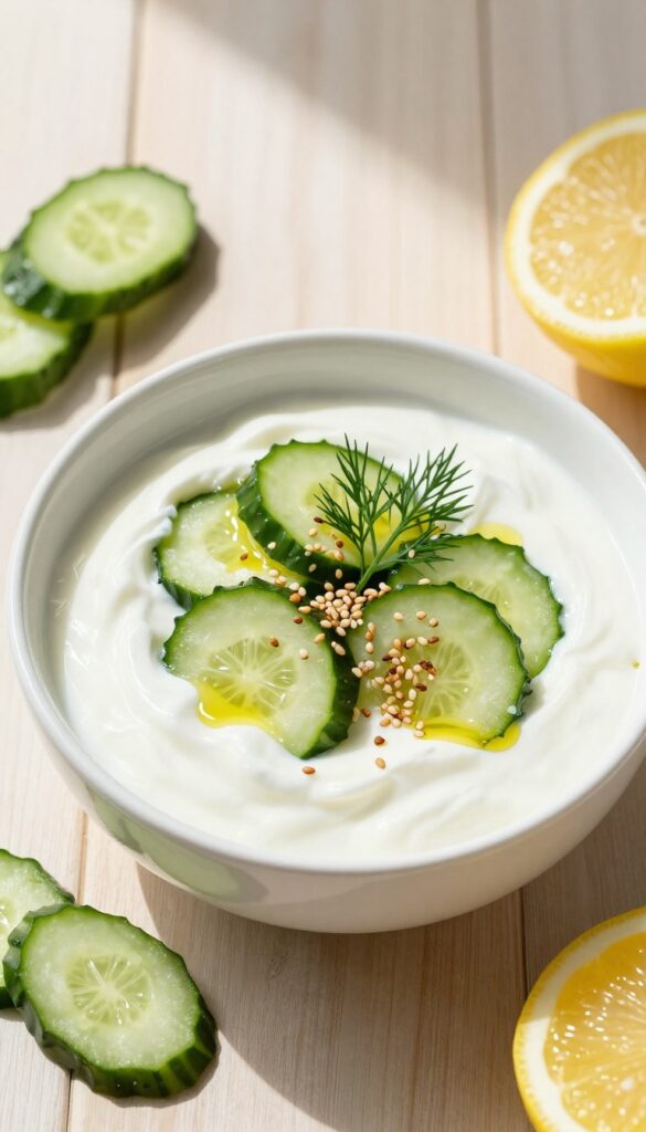 Savory cucumber dill yogurt bowl with sesame seeds and olive oil drizzle