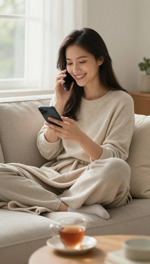 Woman calling a friend on the phone in a cozy living room