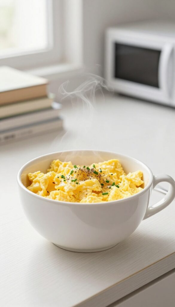 Microwave scrambled eggs in a mug on a dorm desk