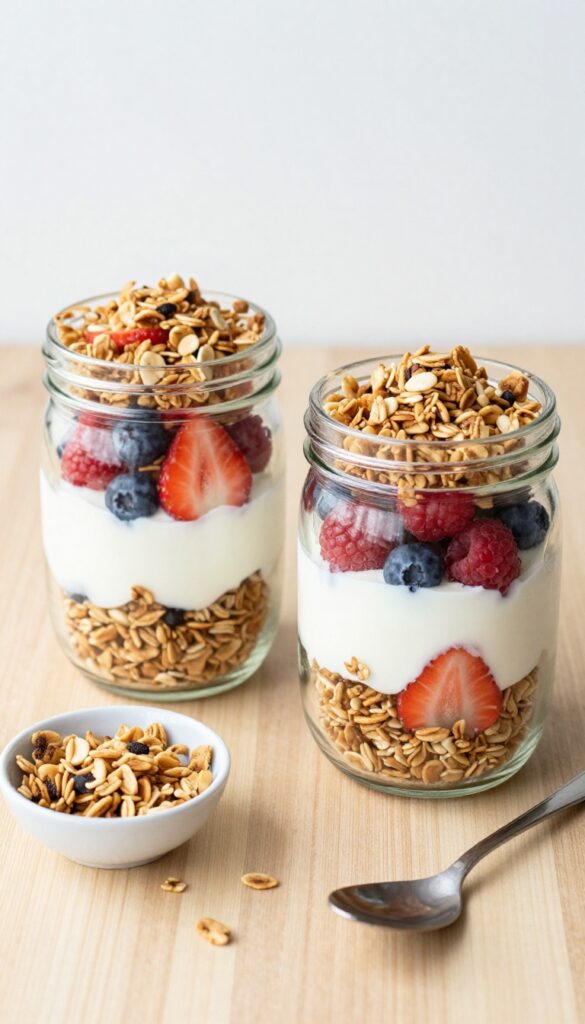 Yogurt parfait jars with granola and berries