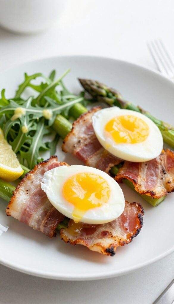 Bacon-wrapped asparagus with poached eggs on a plate