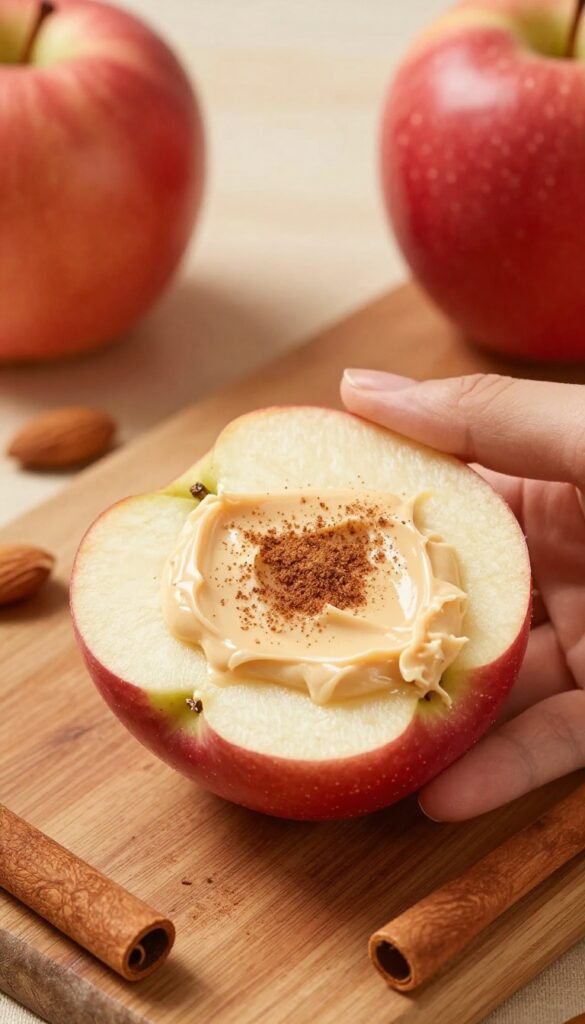 Apple slices with almond butter and cinnamon on a wooden board
