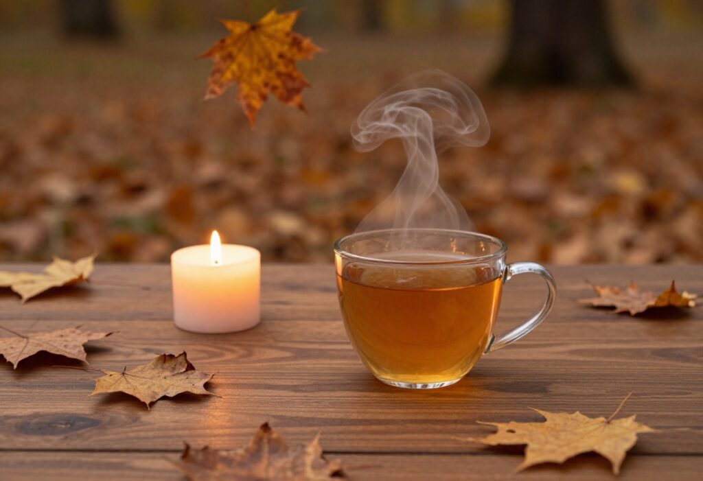 Cozy fall self-care setup with a mug of tea and a candle