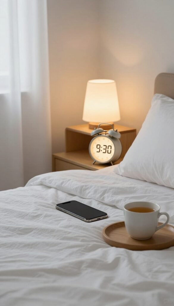 Phone on Do Not Disturb mode on nightstand in cozy bedroom at night