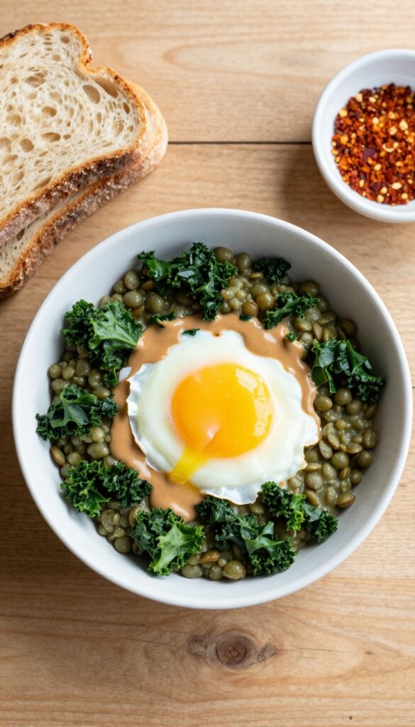 Poached egg on lentil and kale bowl with tahini drizzle