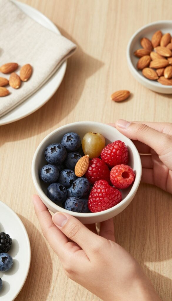 Person holding a bowl of berries and almonds on a wooden table, mindful snacking concept
