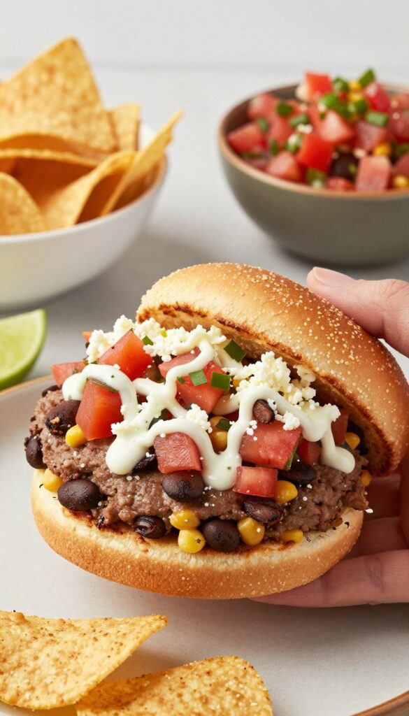 Tex-Mex black bean and corn burger with pico de gallo, cotija cheese, and lime crema on a corn-dusted bun