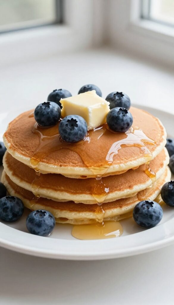 Fluffy blueberry pancakes with syrup and butter on a plate