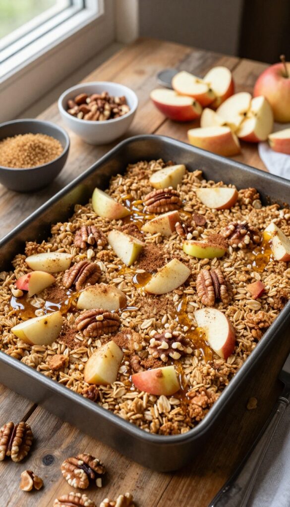 Warm cinnamon apple baked oatmeal in a baking dish with toppings on a rustic table.