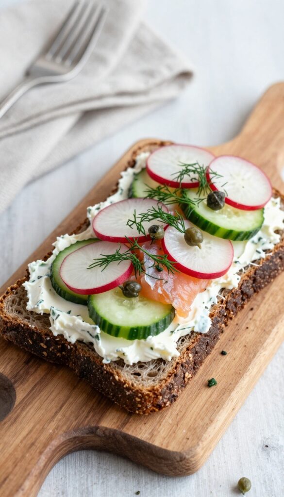 Smoked trout and dill open sandwich on rye bread with cucumber and radish