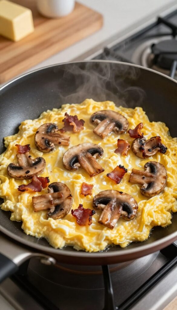 Bacon and mushroom scramble in a skillet, close-up overhead view.