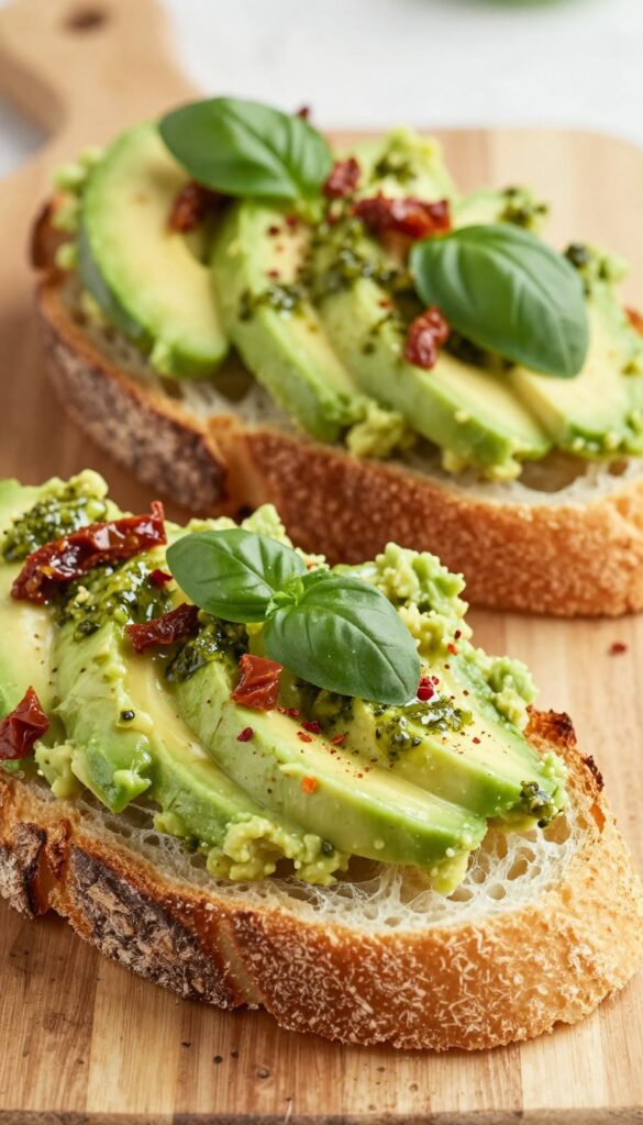 Pesto and sun-dried tomato avocado toast on sourdough