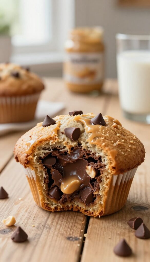 Freshly baked peanut butter chocolate chip muffin on a wooden table, torn open to show chocolate chips, with soft natural light.