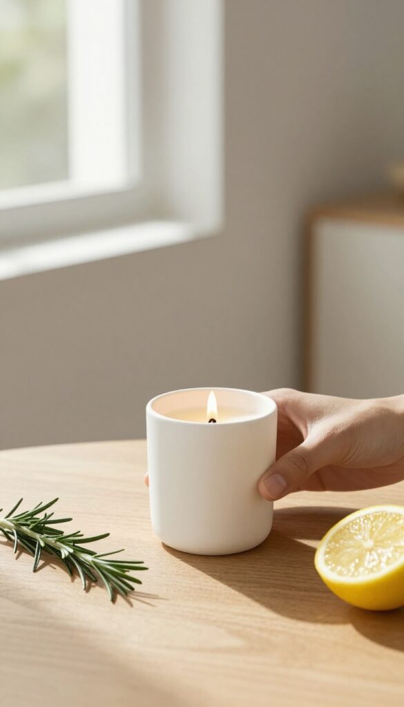 Person holding a scented candle with rosemary and lemon nearby, cozy wellness atmosphere