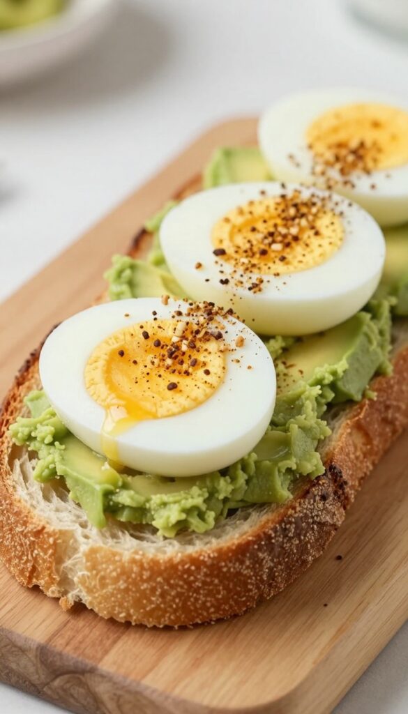 Avocado toast with sliced hard boiled eggs and everything bagel seasoning on a wooden board.