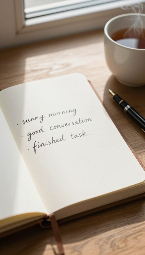 Open journal with handwritten gratitude list, pen, and tea on wooden table in soft morning light